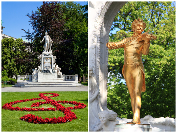 王宮庭園のモーツァルト像（左）と、市立公園のヨハン・シュトラウス2世像（右）