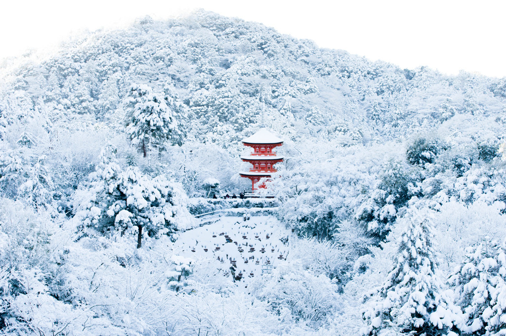神社の雪景色と女性