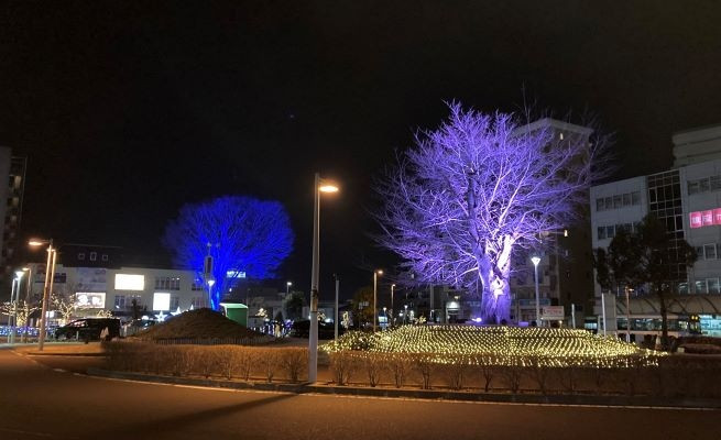 駅前。北口を出て右に歩道を進むと、駐車場の先にホテルが見える