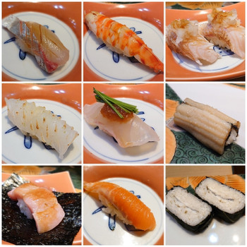 「明治の森箕面 音羽山荘」 料理 185636292 縞鯵､車海老､赤鯥､剣先烏賊､真鯛､穴子､本鮪､サーモン､太刀魚のめはり寿司✨愛媛、熊本、佐賀等、産地にもこだわられた魚たち。サーモンも国産(静岡富士産)✨