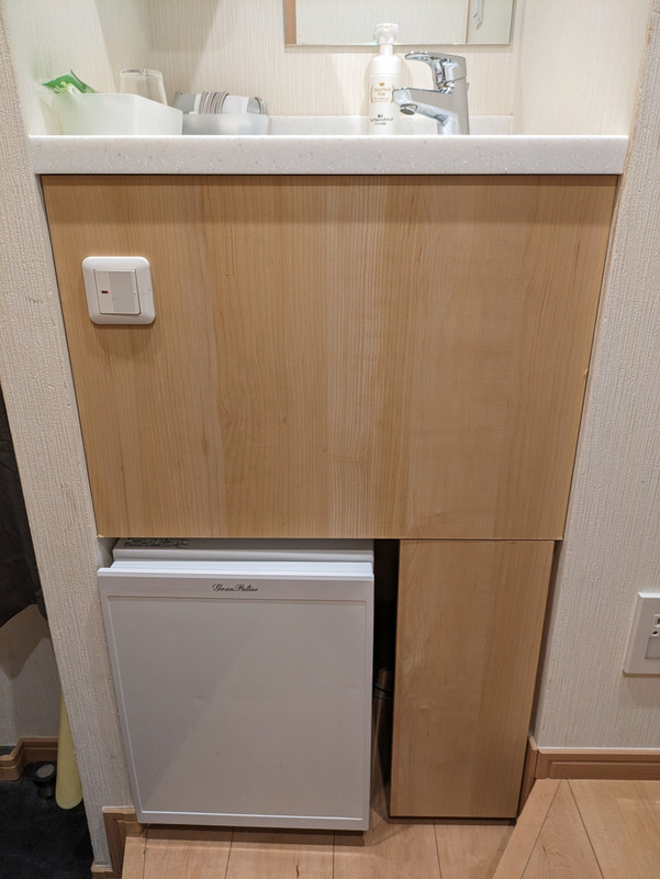 入り口付近にある洗面台と冷蔵庫