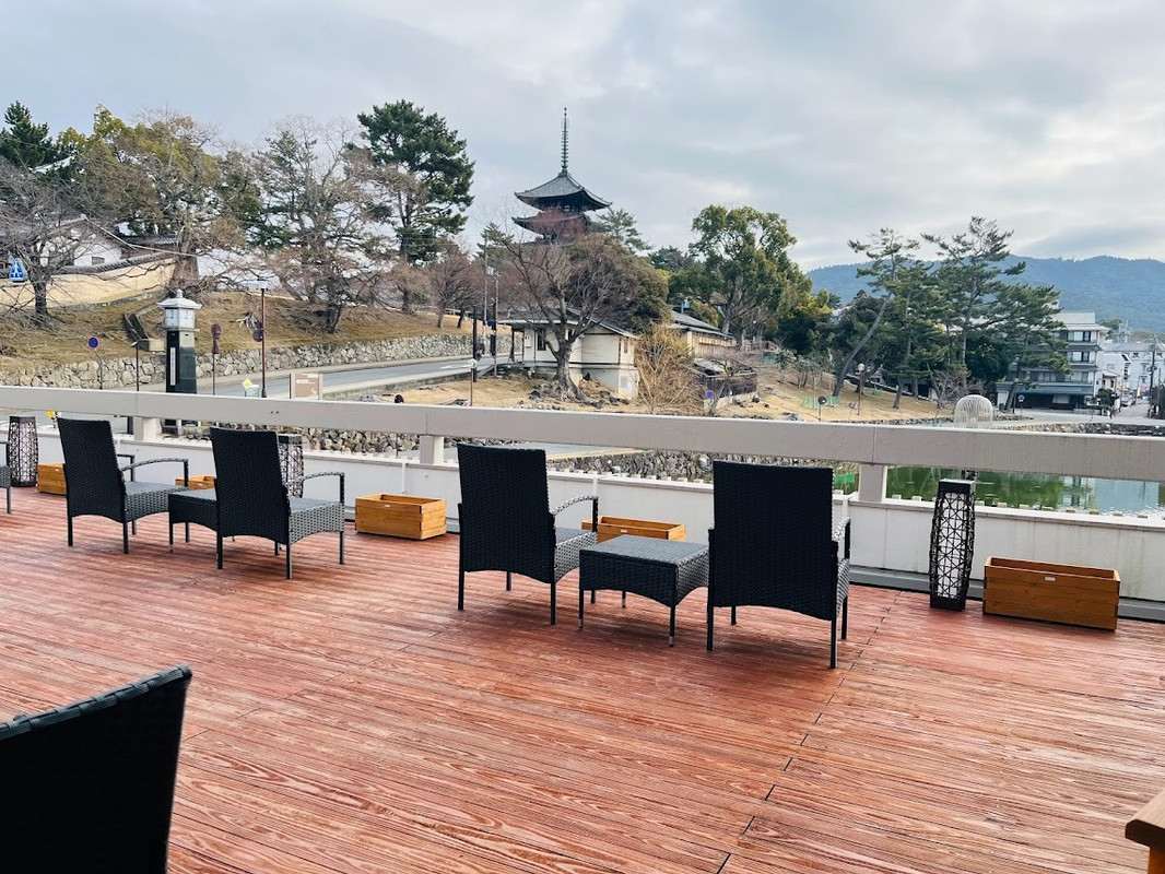ホテルのテラス。景色を見ているとちらほら鹿が出てきて楽しかったです。 / 1