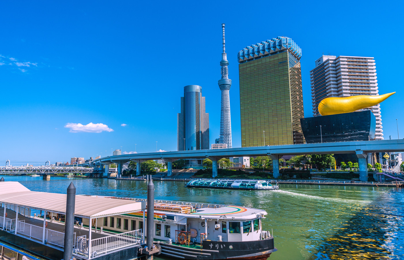 日本の東京都市景観　水上バス・いりすやホタルナ（画面奥）、隅田川などを望む