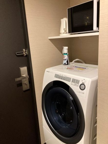 衝撃の洗濯乾燥機と電子レンジ。客室内にこれがある。