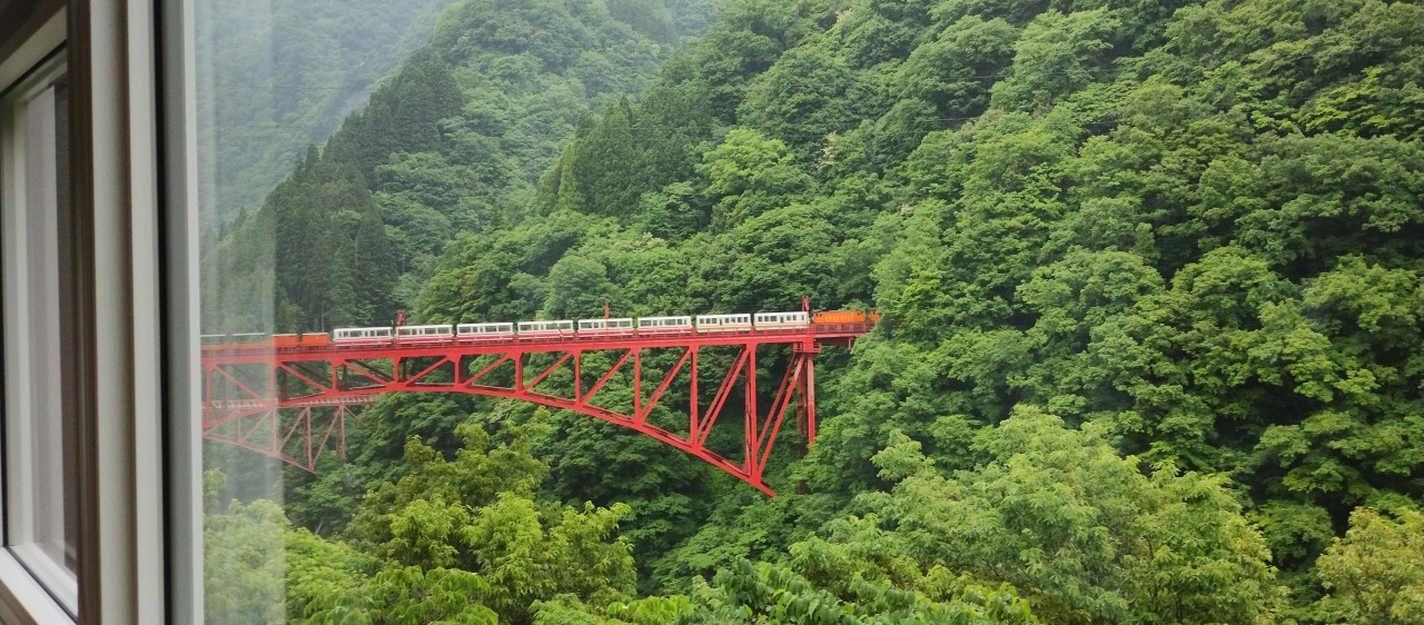 客室窓からのトロッコ電車通過風景