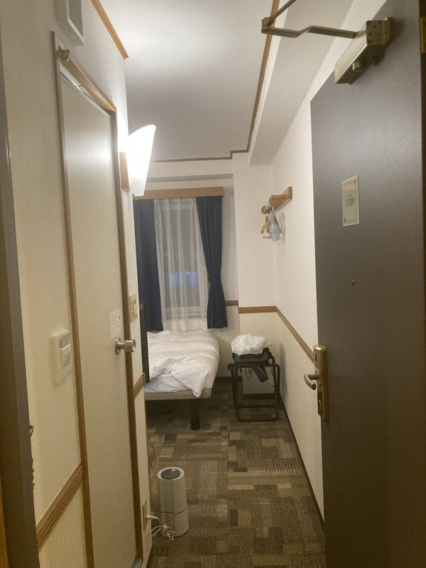 客室のドアーから内部を見ています。手前に、洗面所等があります