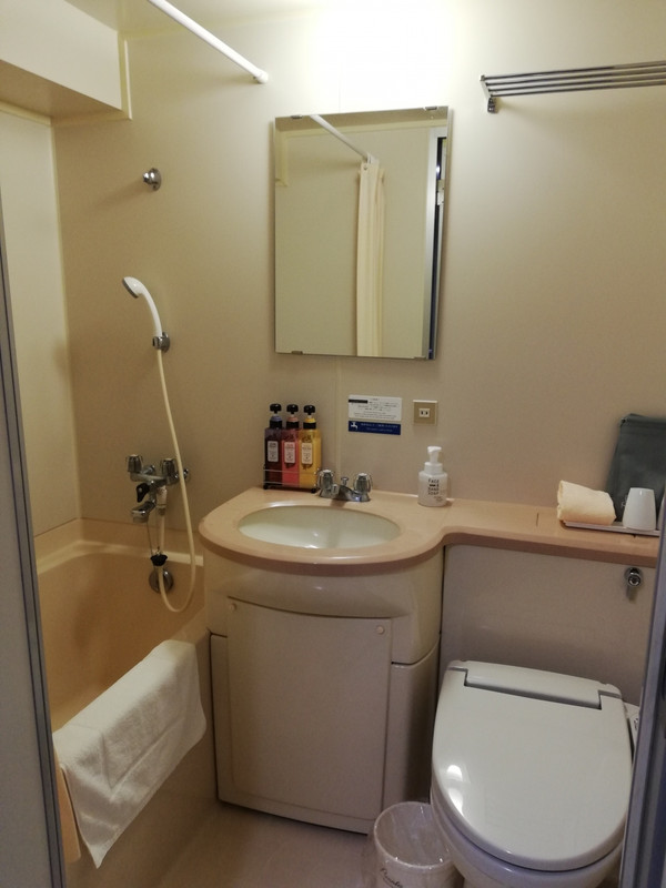 旧式なバスルーム、客室が広いのに水回りは狭い