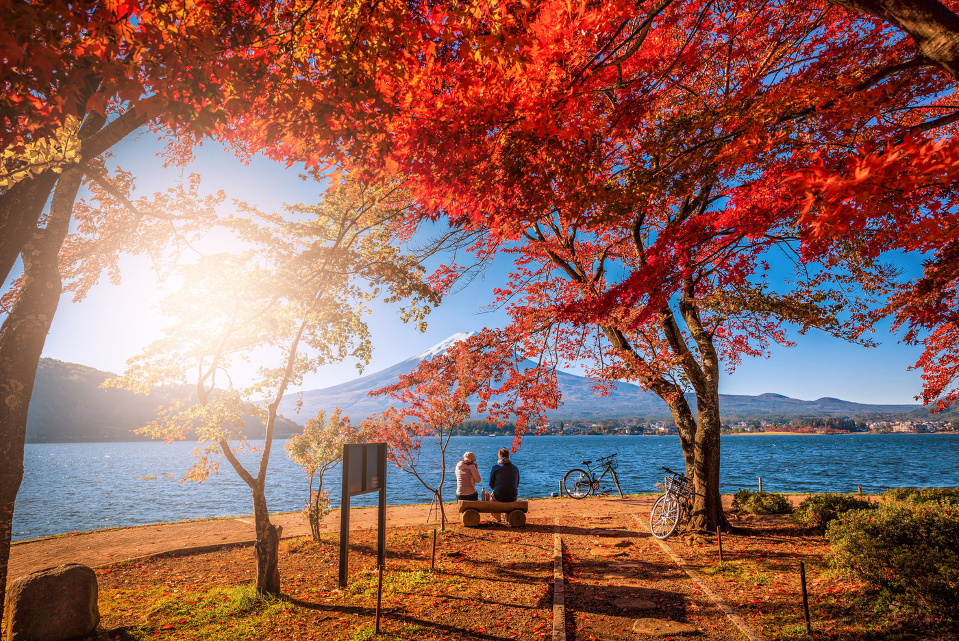 Mt. Fuji over Lake Kawaguchiko with autumn foliage