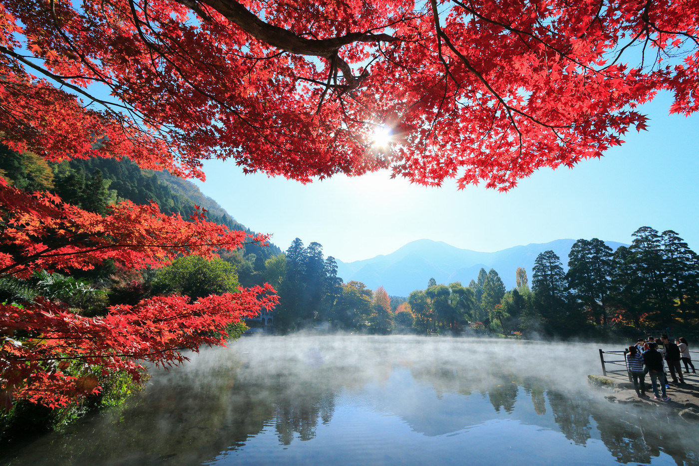 秋の由布院　湯気たちこめる朝の金鱗湖と紅葉