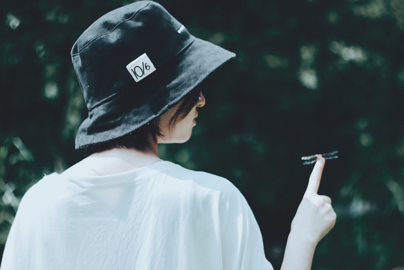 指にトンボが止まってます。