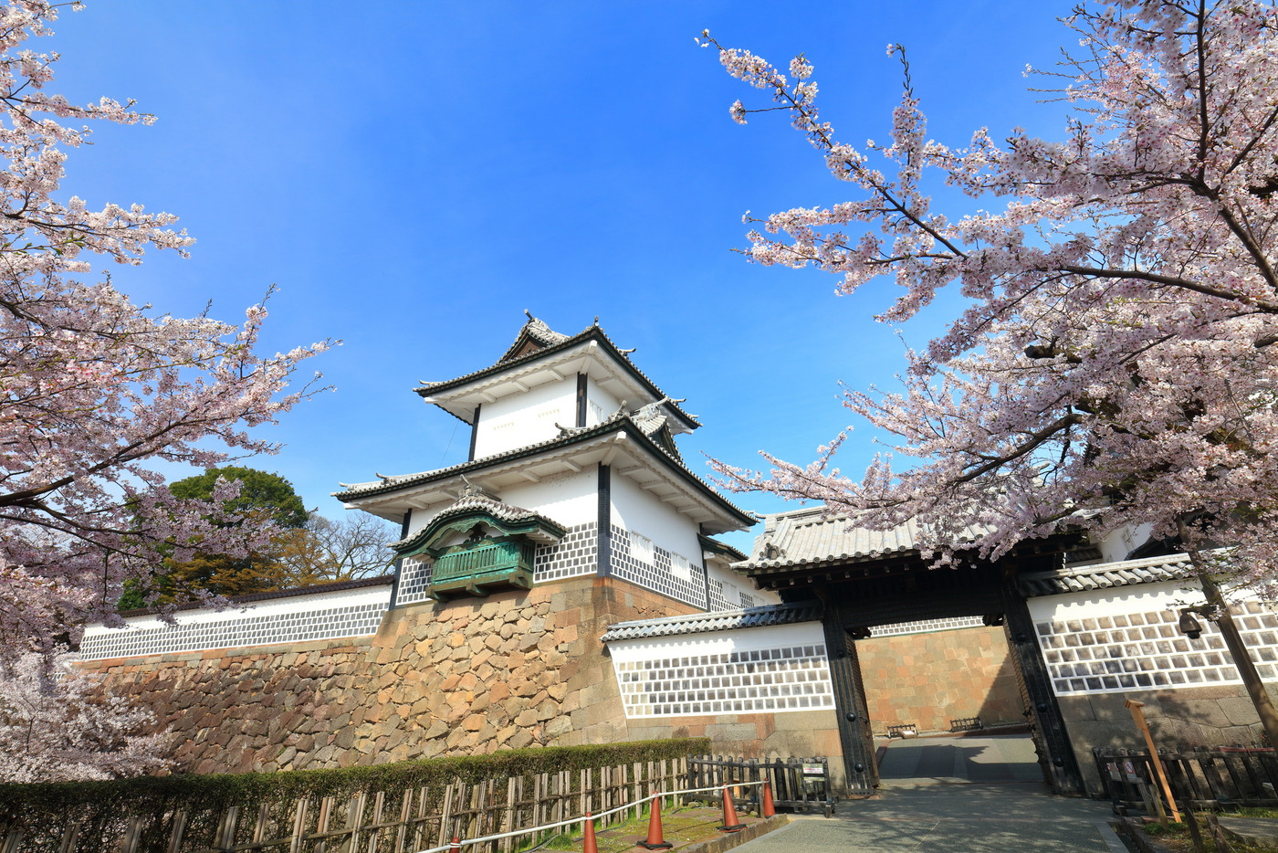 【石川県】晴天の金沢城 石川門と満開の桜