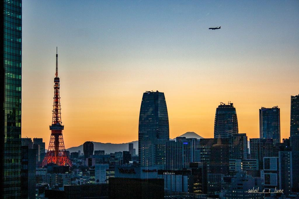 ロビーで夕刻の東京タワー撮影！飛行機が通ったり富士山も見えて、記念ショットがバッチリ撮れました◎