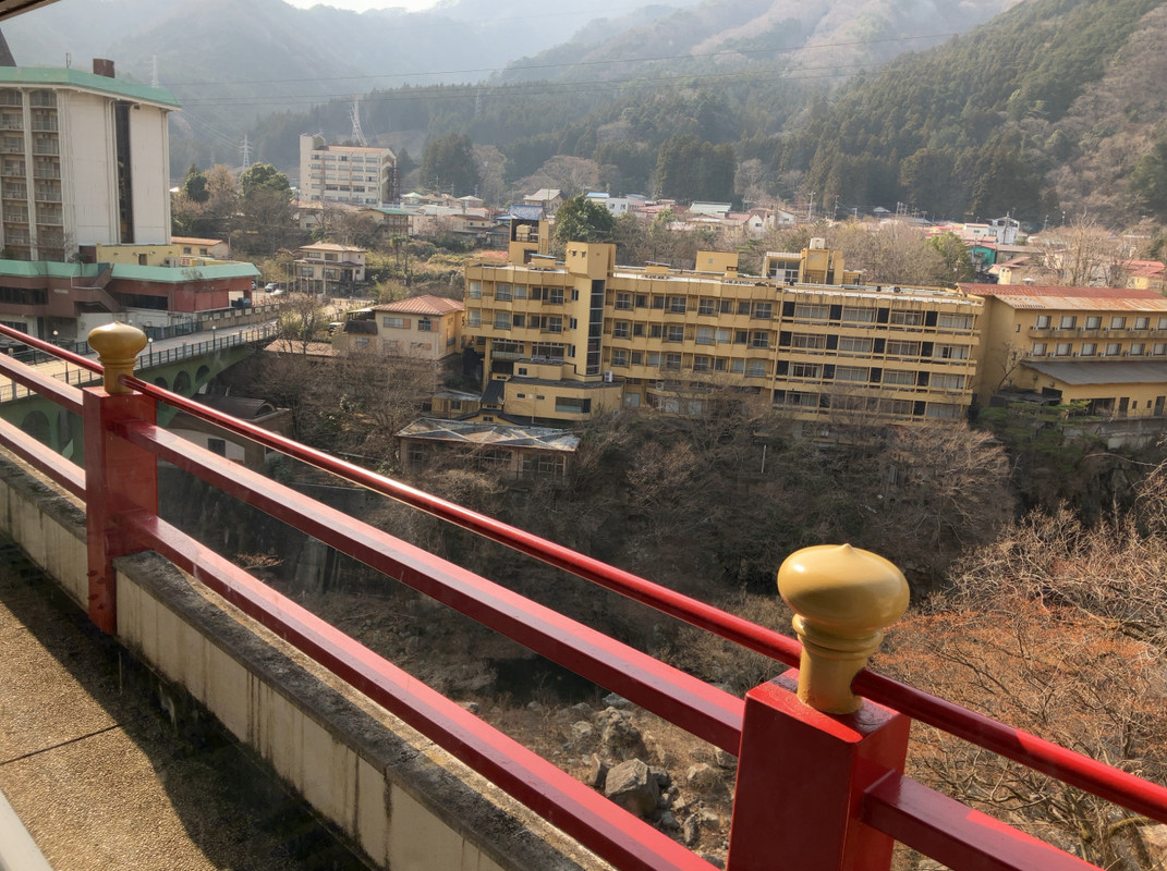 鬼怒川が見えます。閉館した温泉宿も多いのかな？