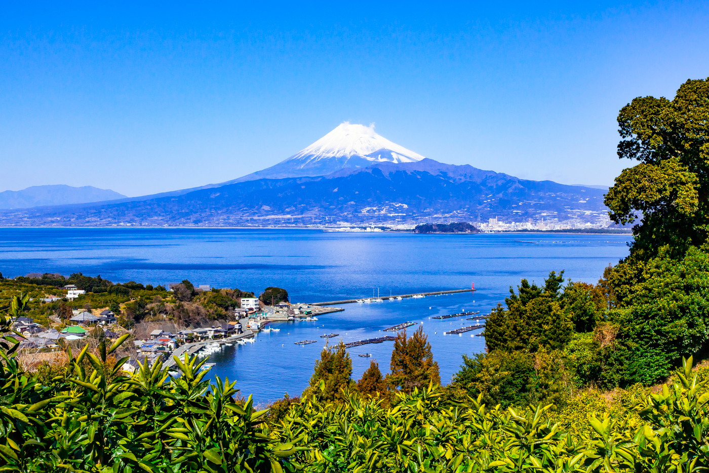 冬の富士山と駿河湾の風景、静岡県沼津市にて