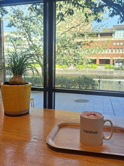 「haishop cafe(ハイショップカフェ)」で、季節限定の桜を使ったラテをいただきました。窓から桜が見えて、思わず笑顔になりました。
 / 2