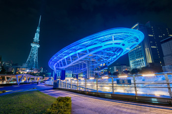 Beautiful night view of the city and the tower lit up in blue in the night sky｜Aichi Nagoya, Japan