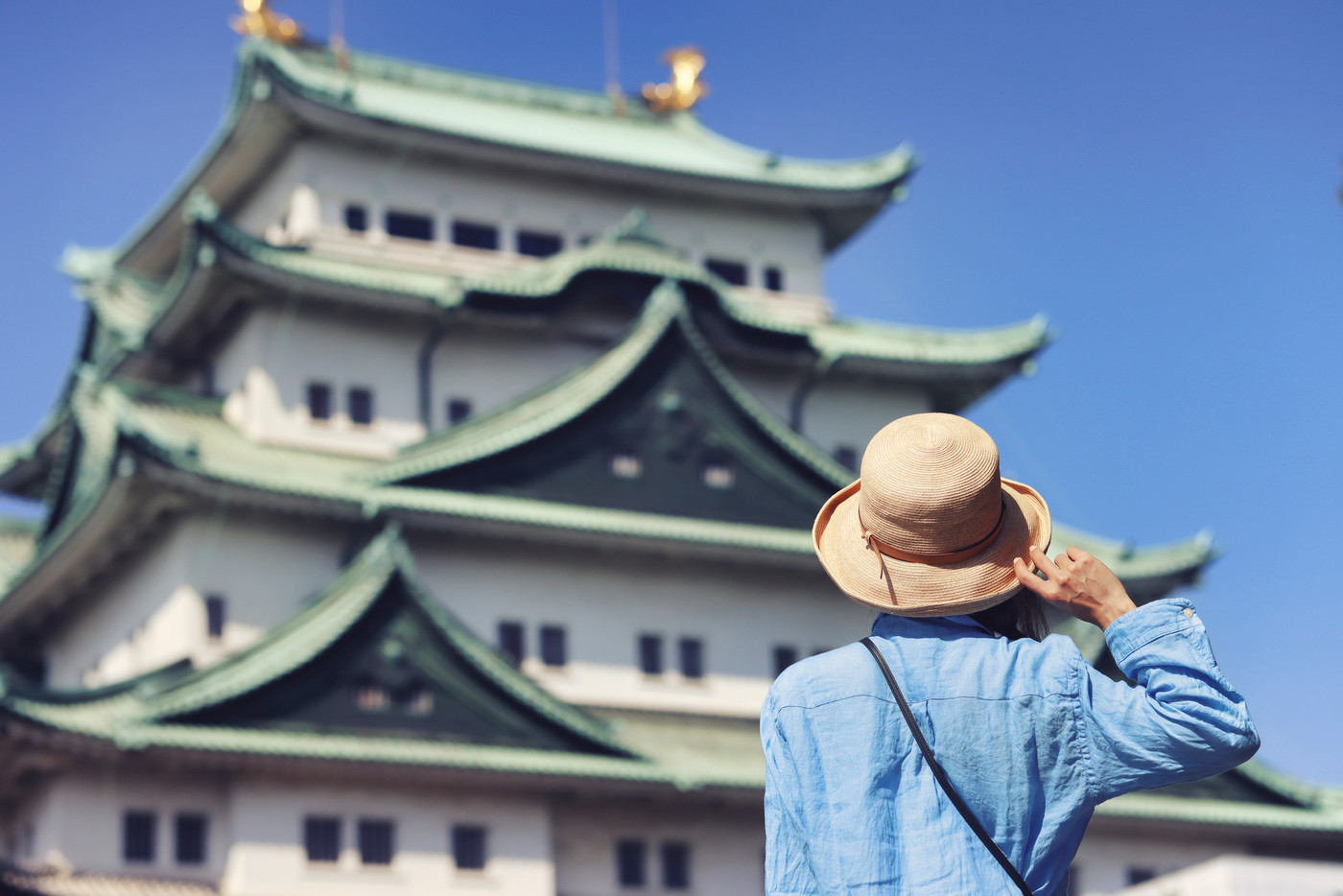 名古屋城を眺める旅行者