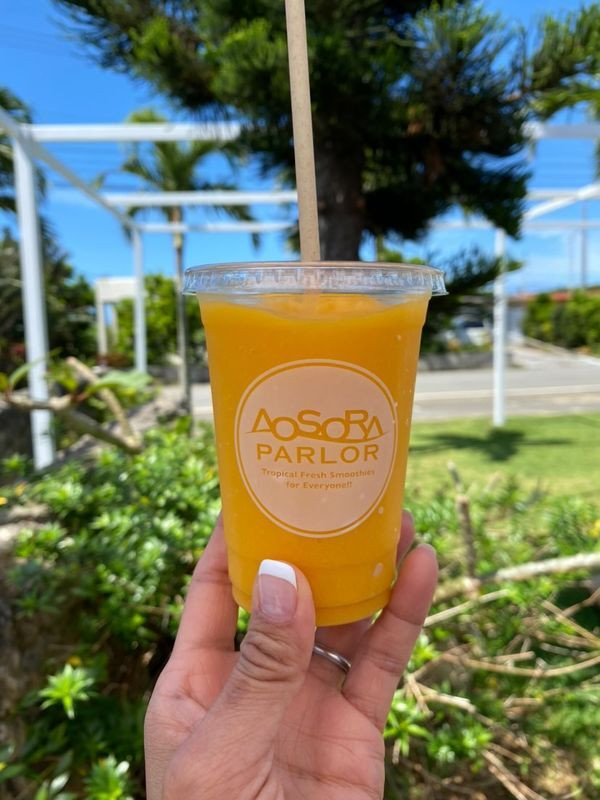 「アオゾラパーラー」のマンゴースムージー。冷たくて甘い味わいで移動疲れを癒してくれる / 1