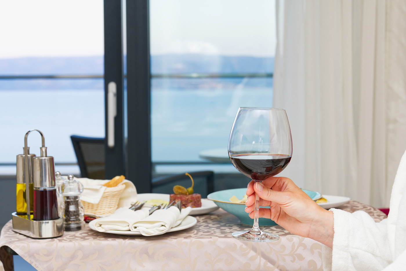 hotel room service, dinner and flowers. Romantic vacation.