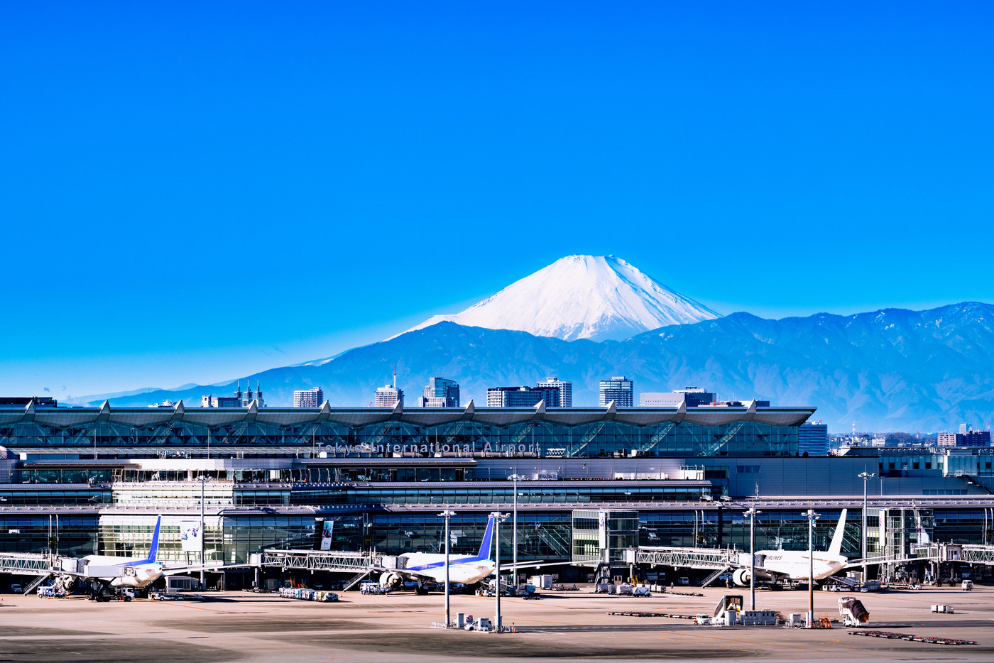 快晴の雪をいただいた富士山と羽田空港とジェット旅客機　