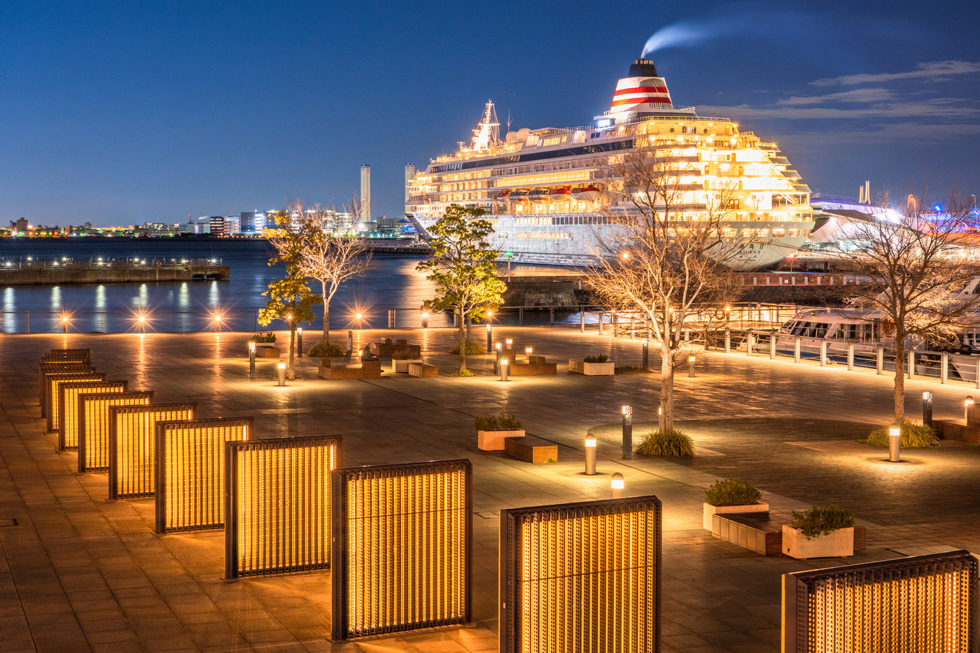 《神奈川県》横浜港町の夜景・象の鼻パークと豪華客船