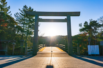 Ise Jingu Inner Shrine Sun rising from the Ujibashi torii gate