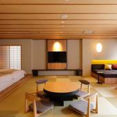 山翠楼 SANSUIROU（神奈川県 旅館）：14畳の琉球畳、ツインベッドを設えた約60平米の客室。モダンでおしゃれな雰囲気はカップル旅行や女子旅におすすめ。 / 5