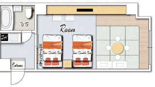 和洋室　デラックスルーム　セミダブルベッド2台＆シングル敷布団２枚　キッチン付　禁煙　清掃料金別　連泊時の清掃なし
