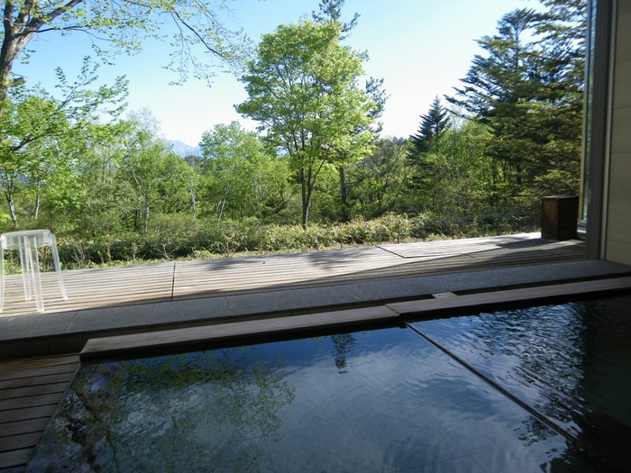 ホテルの目の前は森林、そしてその先には浅間山が。外気浴の際は深呼吸して綺麗な空気を感じて