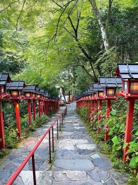 京都の水源を守る神として崇められる、清々しい緑に囲まれた「貴船神社」。石垣から湧く御神水に紙を浮かべるとおみくじの内容が浮かび上がる「水占みくじ」もぜひ試したい / 5