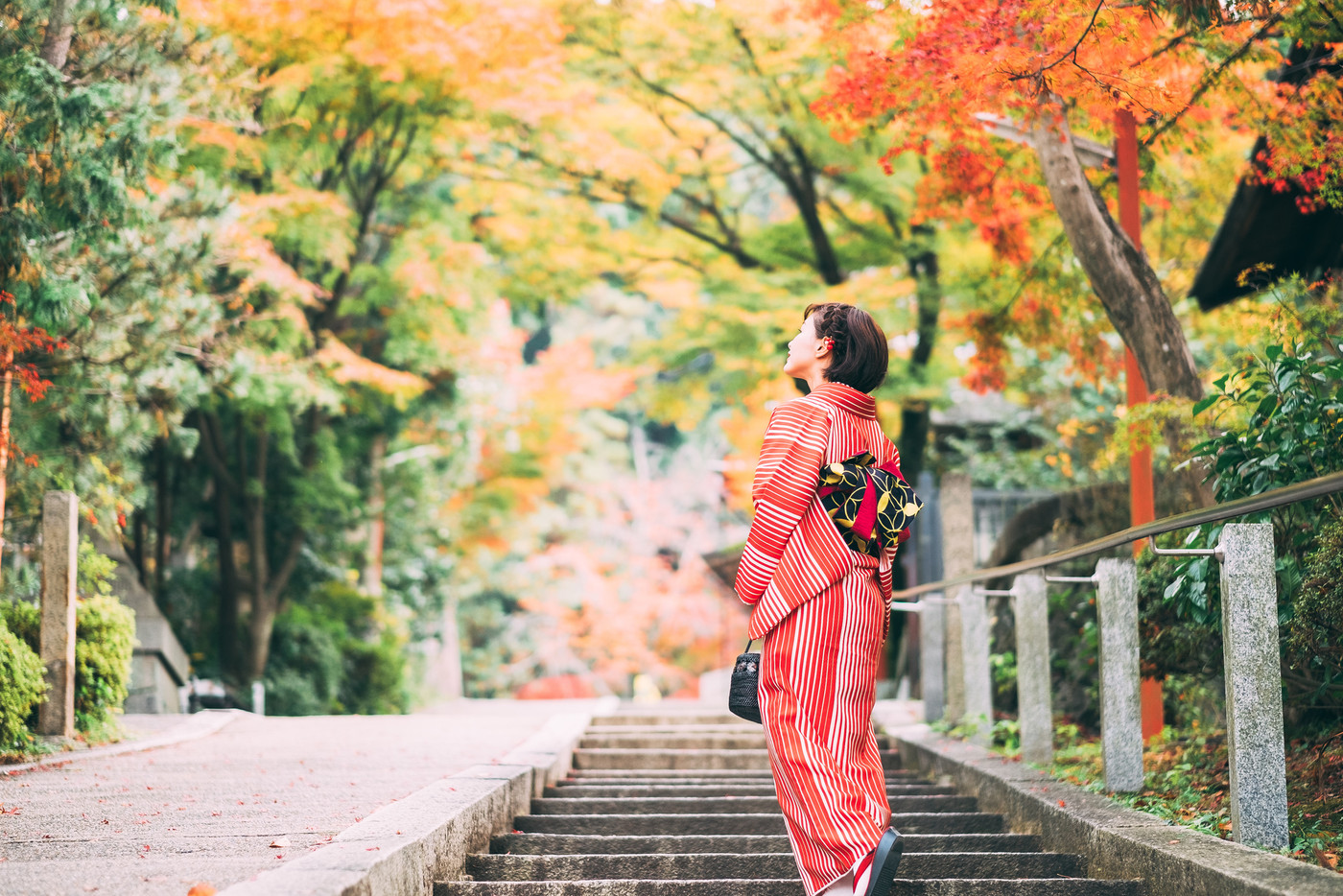 紅葉と着物の女性