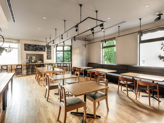 窓から緑が見えるレストランはカジュアルな雰囲気。窓から見える緑も心地よく感じられます