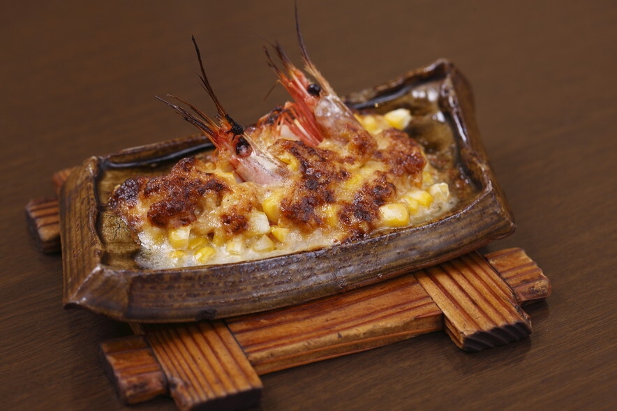 「青」料理 950729 甘えび・帆立ととうもろこしのうにソース焼